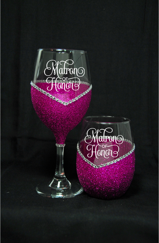 Winey Bitches Matron Of Honor, Wedding Day-Wedding Party Handmade Wine Glass- Choose your color, Stem or Stemless - WineyBitches.Co - Winey Bitches