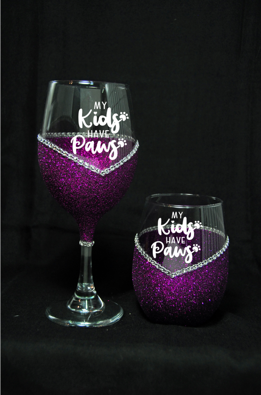 My Kids Have Paws Bling Stem or Stemless Wine Glasses-Choose your color