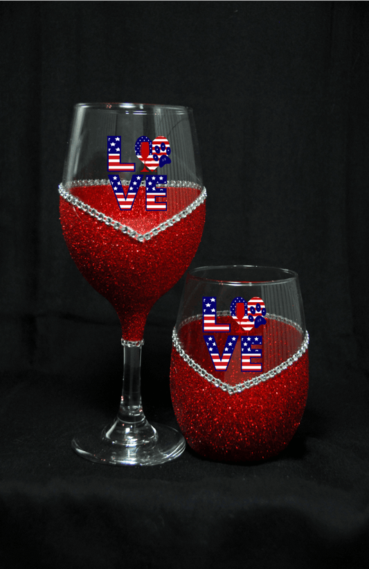 RWB LOVE Bling Stem or Stemless Wine Glasses-Choose your color-4th of July