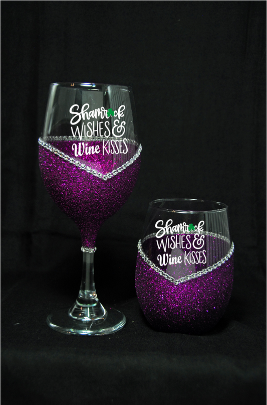 Winey Bitches "Shamrock Wishes And Wine Kisses " St. Patricks (Paddy's) Day Wine Glass- Choose your color, Stem or Stemless - WineyBitches.Co - Winey Bitches