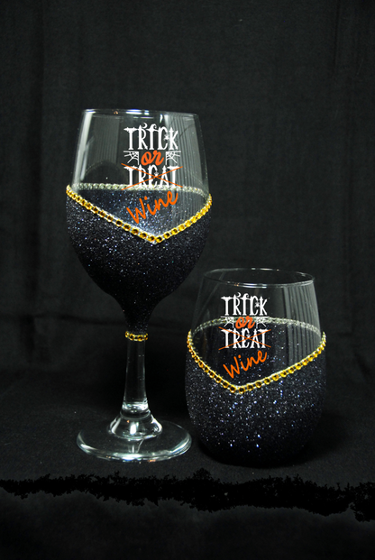 Trick or Wine Bling Stem or Stemless Wine Glasses-Choose your color