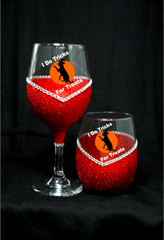 I Do Tricks For Treats (Dog) Bling Stem or Stemless Wine Glasses-Choose your color - Winey Bitches - Wine- Women- K9's