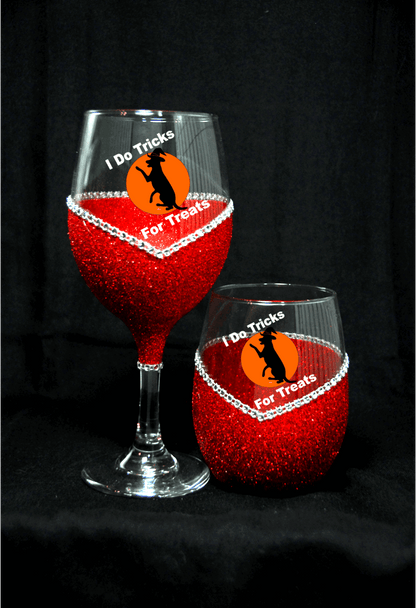 I Do Tricks For Treats (Dog) Bling Stem or Stemless Wine Glasses-Choose your color - Winey Bitches - Wine- Women- K9's