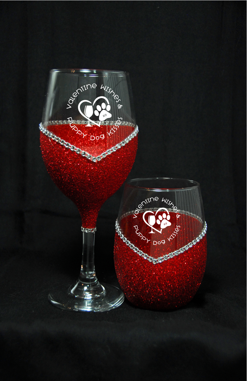 Valentine Wishes & Puppy Dog Kisses- Valentines Day Wine Glass- Choose your color, Stem or Stemless - WineyBitches.Co - Winey Bitches