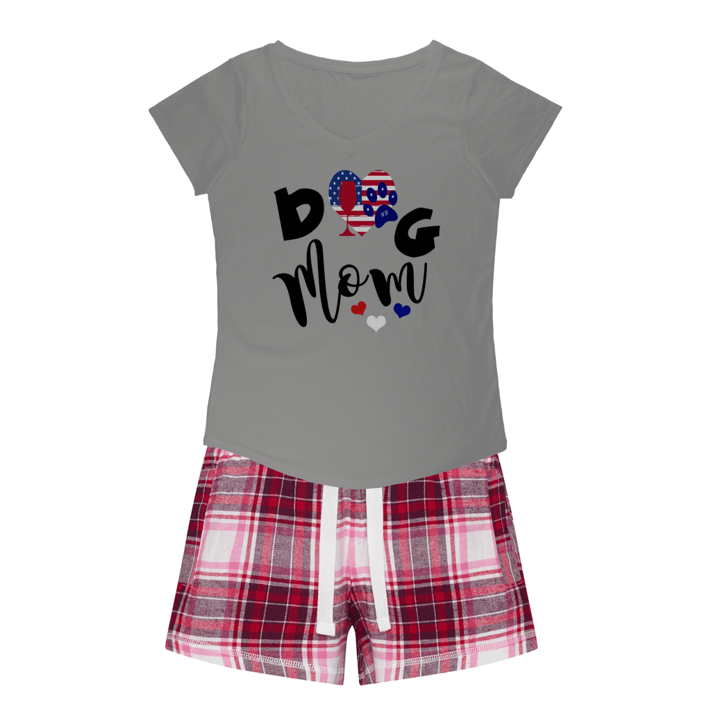 Apparel H. Grey Tee / Red Pink Short / XS WineyBitches.Co American Dog Mom Girls Sleepy Tee and Flannel Short WineyBitchesCo