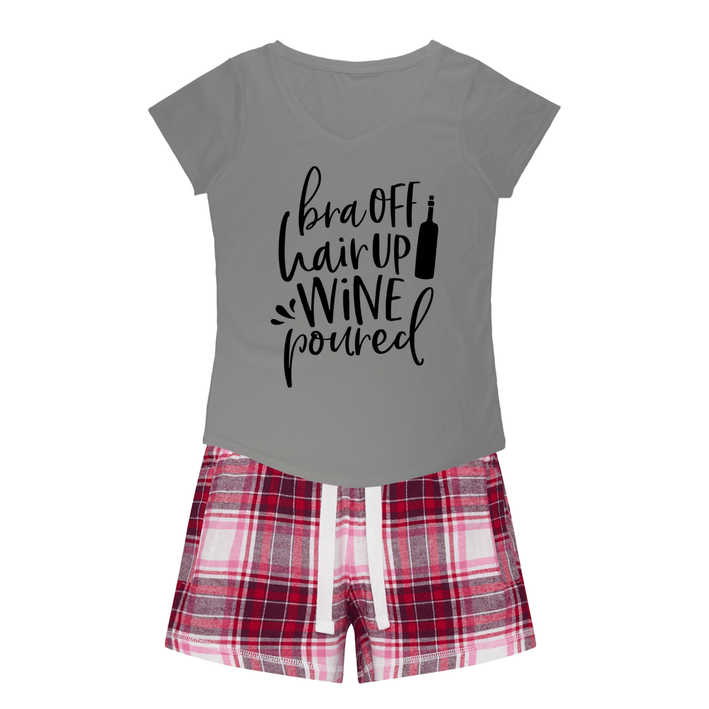 Apparel H. Grey Tee / Red Pink Short / XS WineyBitches.Co Bra Off Hair Up Wine Poured Girls Sleepy Tee and Flannel Short WineyBitchesCo