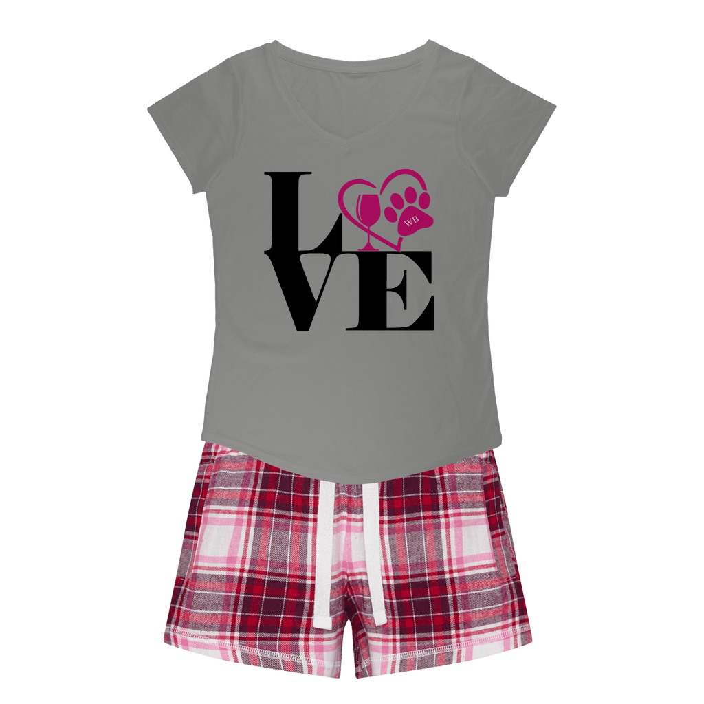 Apparel H. Grey Tee / Red Pink Short / XS WineyBitches.Co Love Paw 2 Girls Sleepy Tee and Flannel Short WineyBitchesCo