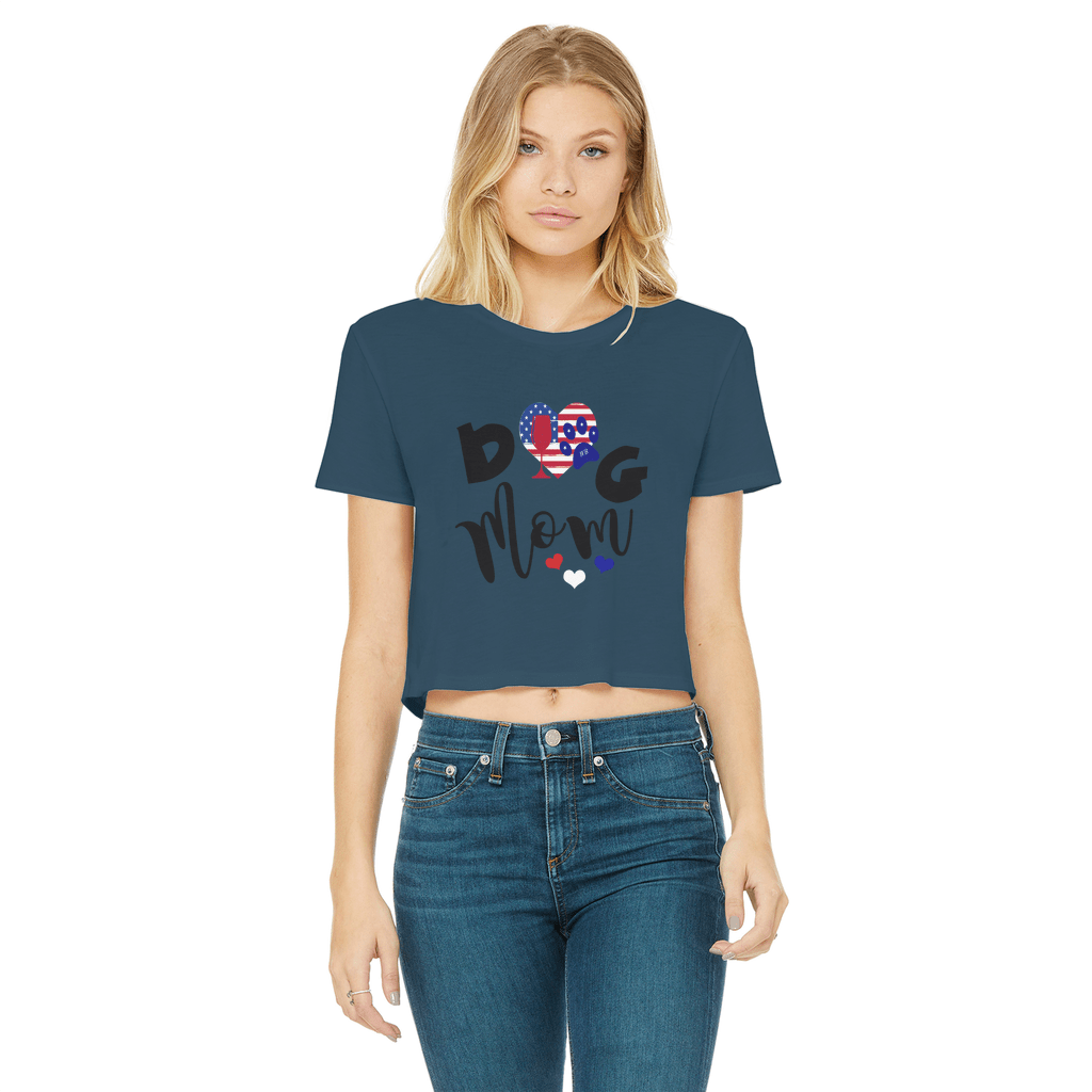 Apparel Navy / Female / S WineyBitches.Co American Dog Mom Classic Women's Cropped Raw Edge T-Shirt WineyBitchesCo