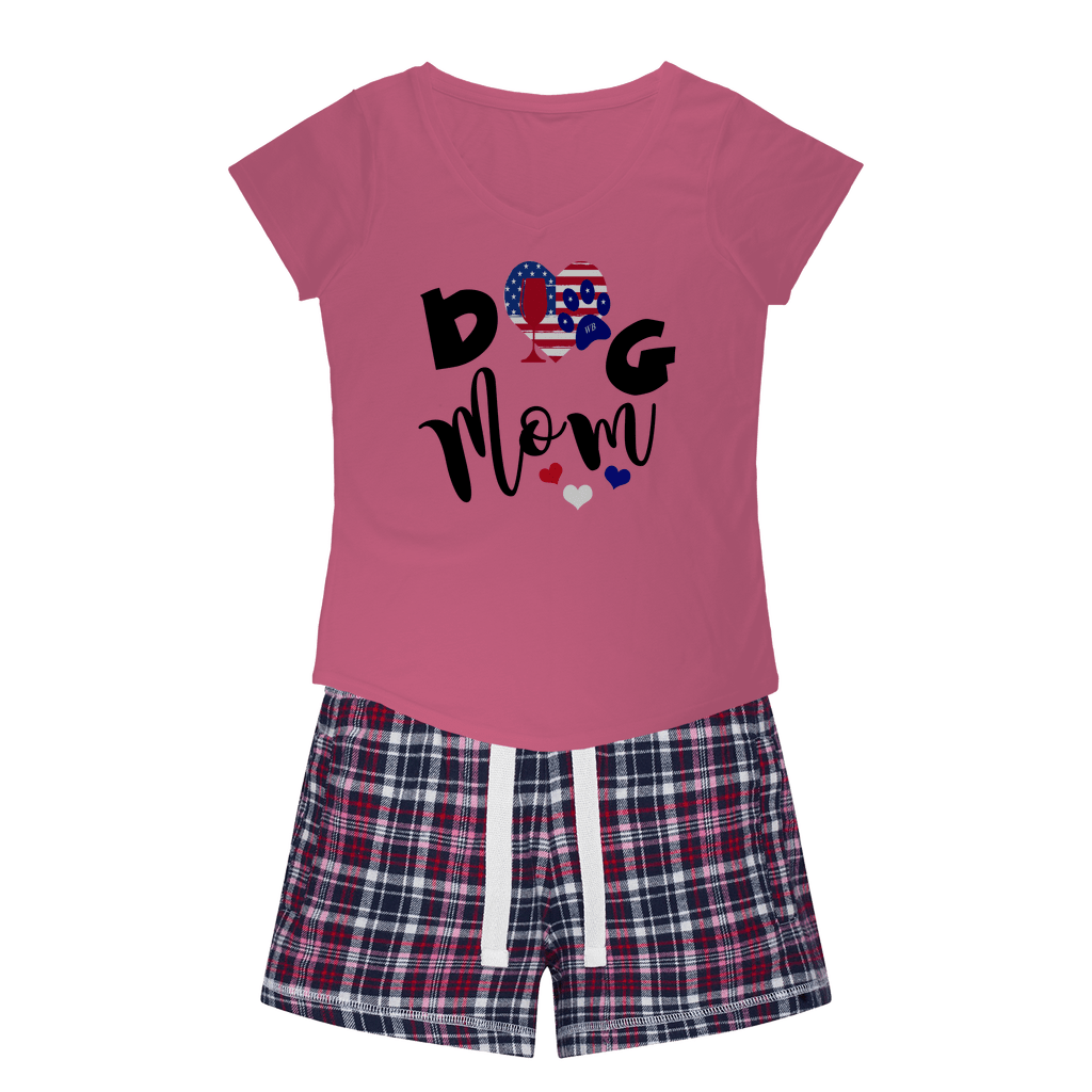 Apparel Pink Tee / Navy Short / XS WineyBitches.Co American Dog Mom Girls Sleepy Tee and Flannel Short WineyBitchesCo