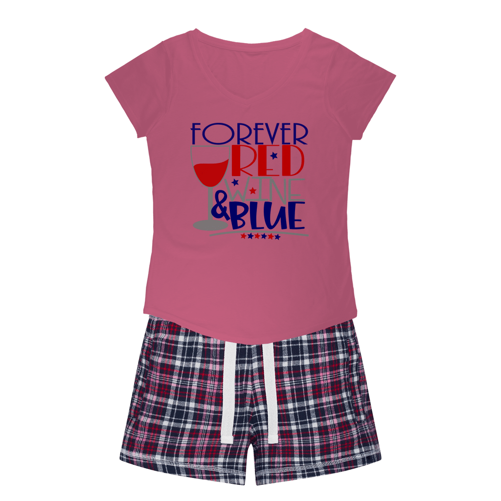 Apparel Pink Tee / Navy Short / XS WineyBitches.Co Forever Red Wine Blue Girls Sleepy Tee and Flannel Short WineyBitchesCo