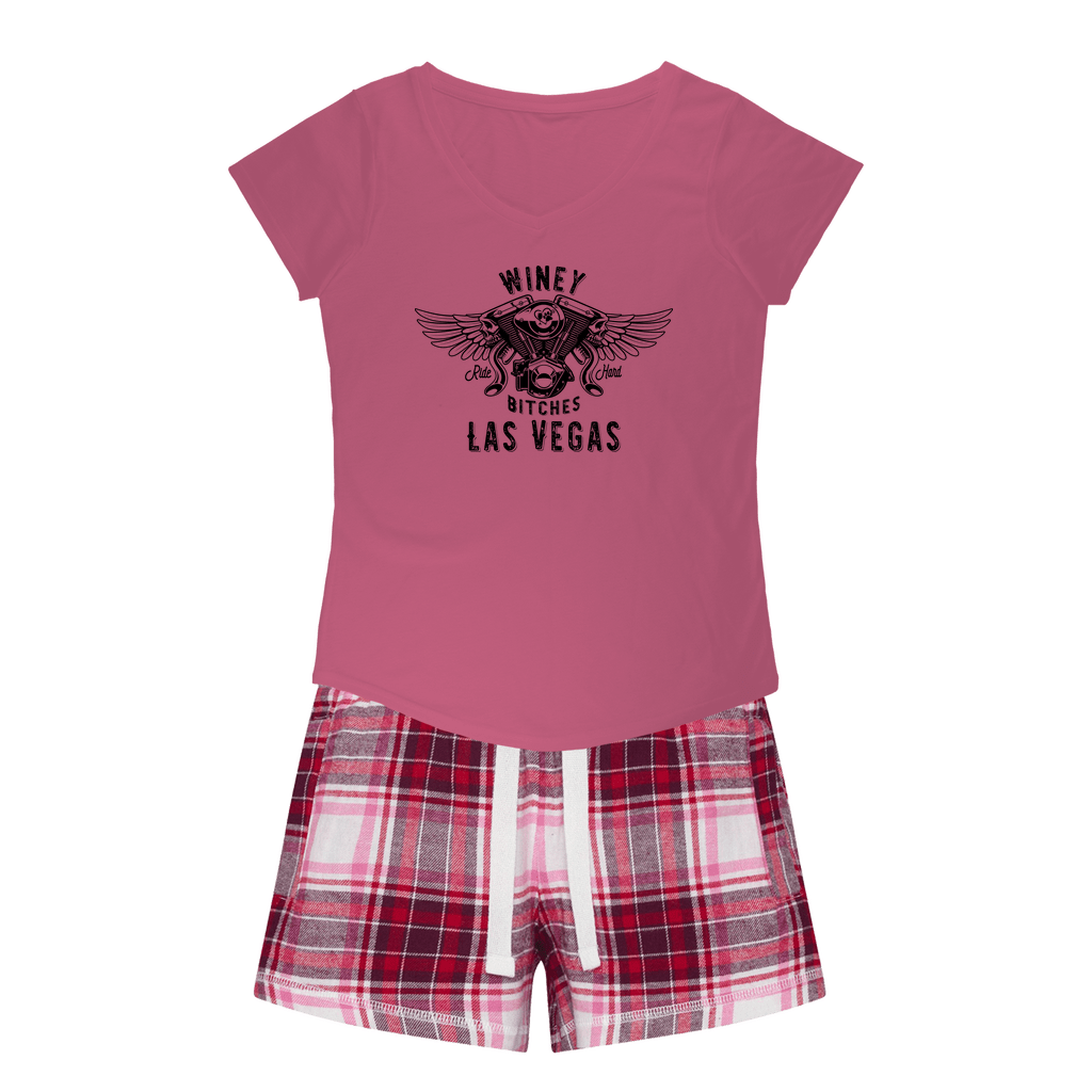 Apparel Pink Tee / Red Pink Short / XS Winey Bitches Co "Ride Hard Las Vegas" Girls Sleepy Tee and Flannel Short WineyBitchesCo