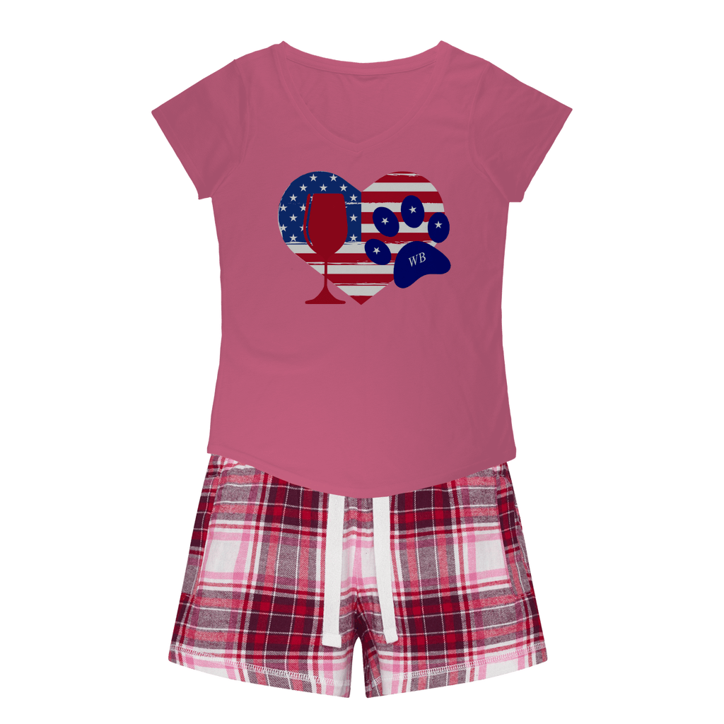 Apparel Pink Tee / Red Pink Short / XS WineyBitches.Co American Wine Heart Paw Girls Sleepy Tee and Flannel Short WineyBitchesCo