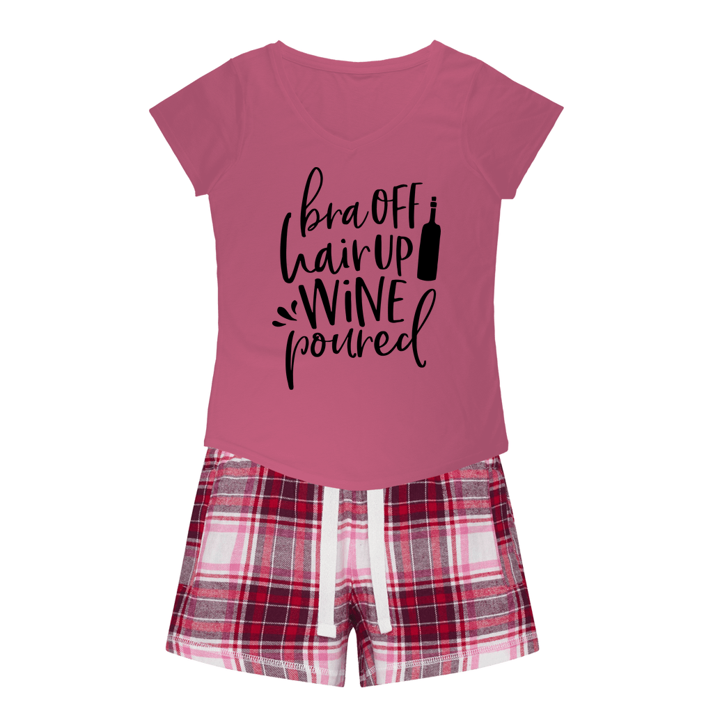 Apparel Pink Tee / Red Pink Short / XS WineyBitches.Co Bra Off Hair Up Wine Poured Girls Sleepy Tee and Flannel Short WineyBitchesCo