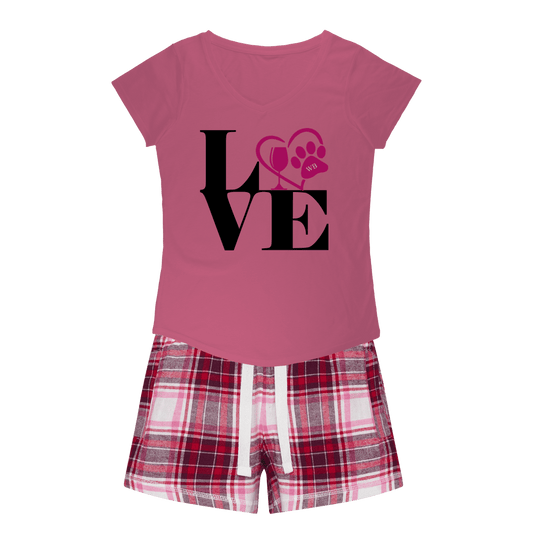 Apparel Pink Tee / Red Pink Short / XS WineyBitches.Co Love Paw 2 Girls Sleepy Tee and Flannel Short WineyBitchesCo