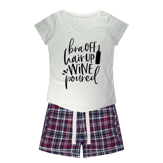 Apparel White Tee / Navy Short / XS WineyBitches.Co Bra Off Hair Up Wine Poured Girls Sleepy Tee and Flannel Short WineyBitchesCo