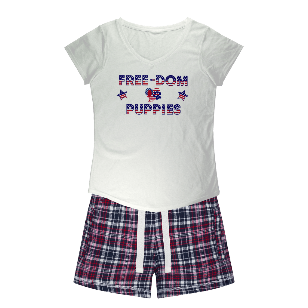 Apparel White Tee / Navy Short / XS WineyBitches.Co Free-dom Puppies Girls Sleepy Tee and Flannel Short WineyBitchesCo