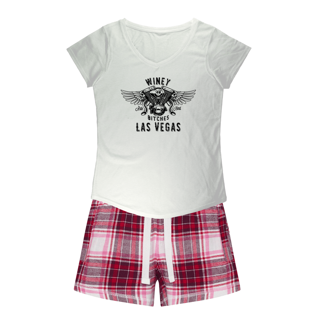 Apparel White Tee / Red Pink Short / XS Winey Bitches Co "Ride Hard Las Vegas" Girls Sleepy Tee and Flannel Short WineyBitchesCo