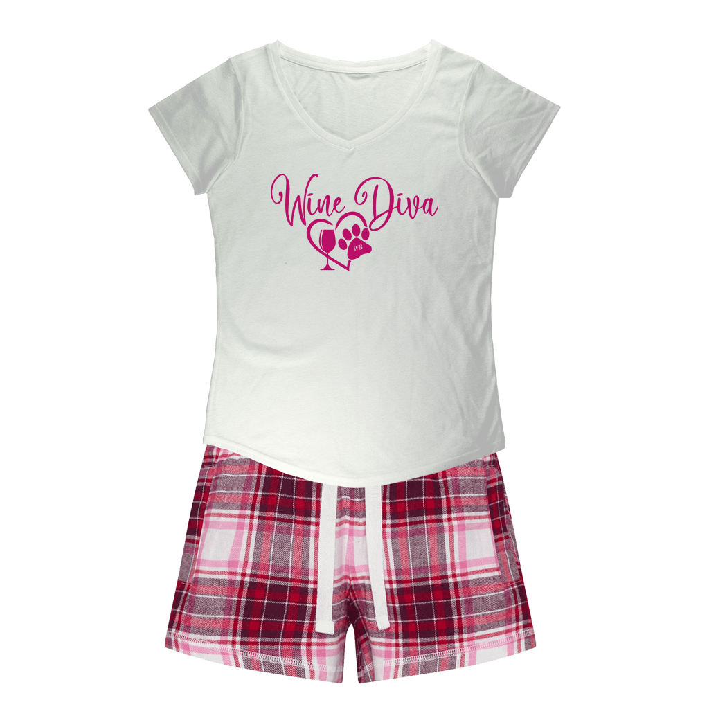 Apparel White Tee / Red Pink Short / XS Winey Bitches Co "Wine Diva 2" Girls Sleepy Tee and Flannel Short WineyBitchesCo