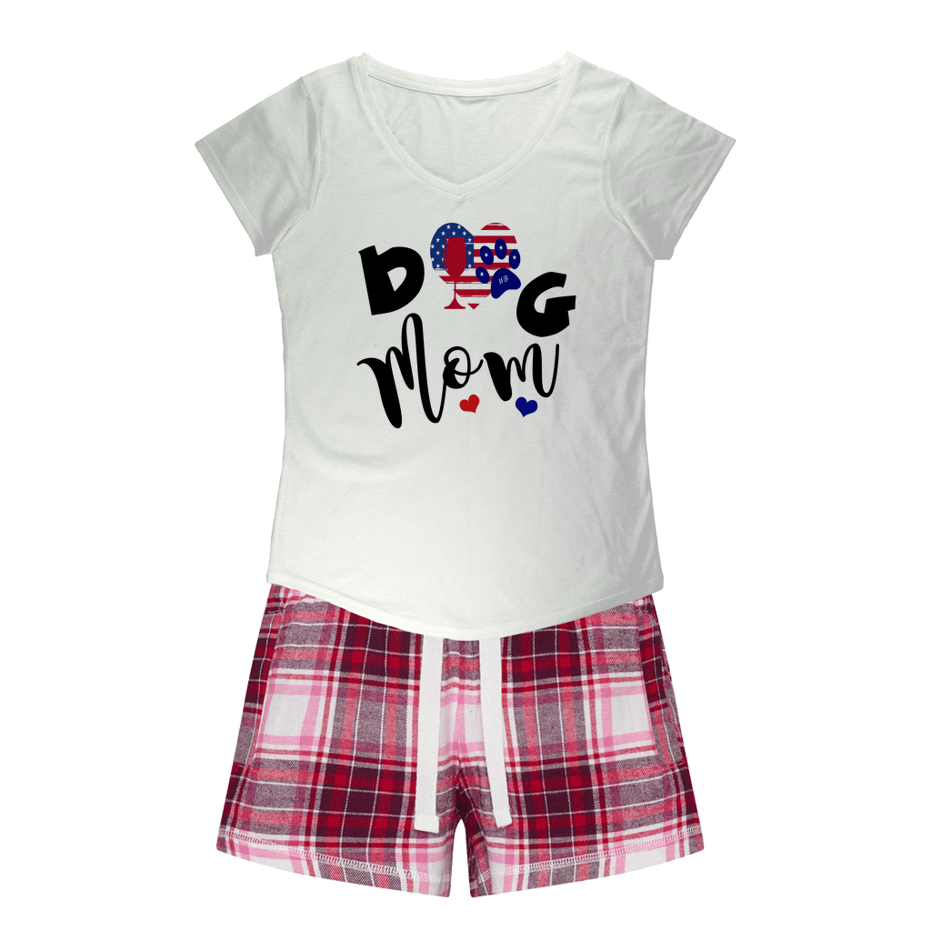 Apparel White Tee / Red Pink Short / XS WineyBitches.Co American Dog Mom Girls Sleepy Tee and Flannel Short WineyBitchesCo