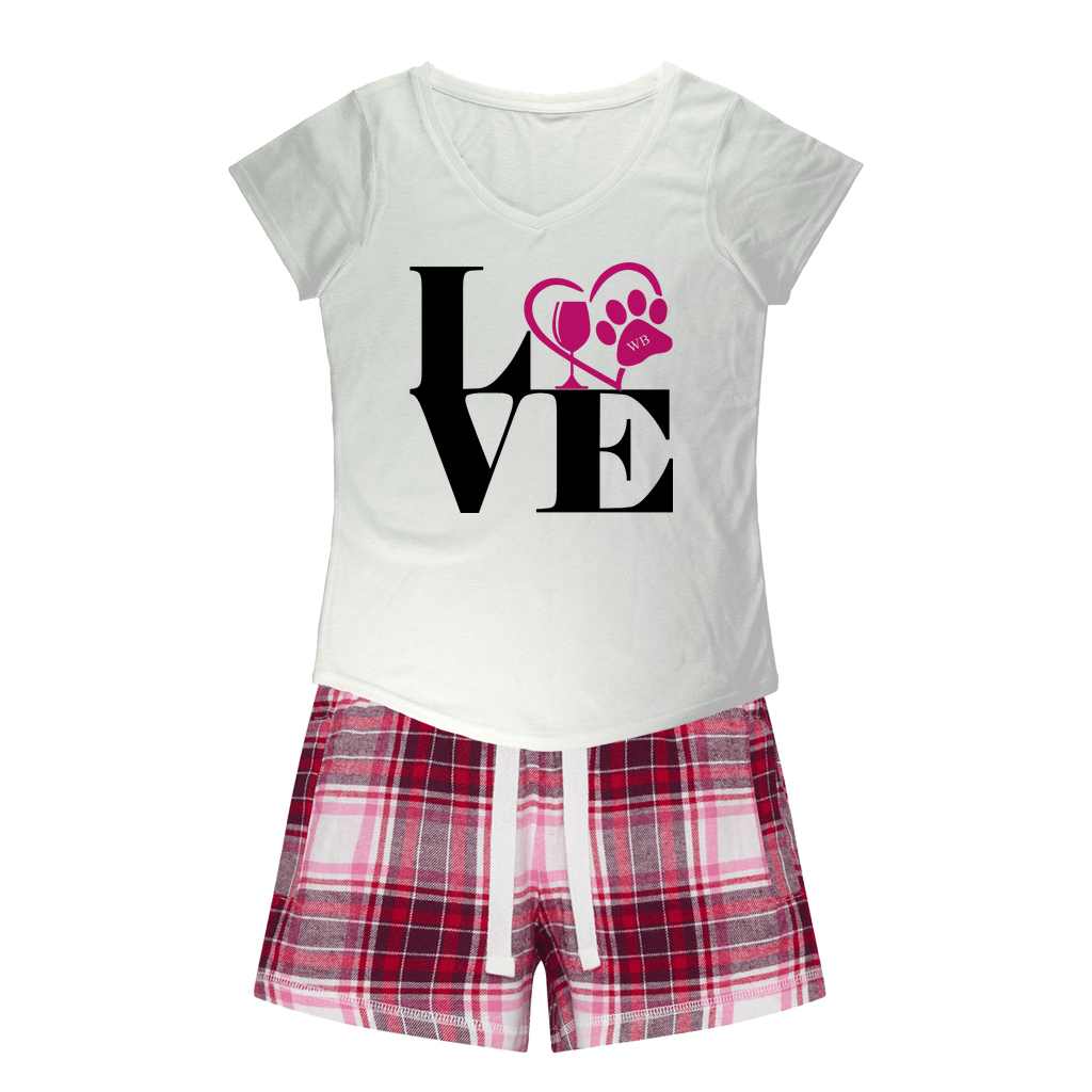 Apparel White Tee / Red Pink Short / XS WineyBitches.Co Love Paw 2 Girls Sleepy Tee and Flannel Short WineyBitchesCo