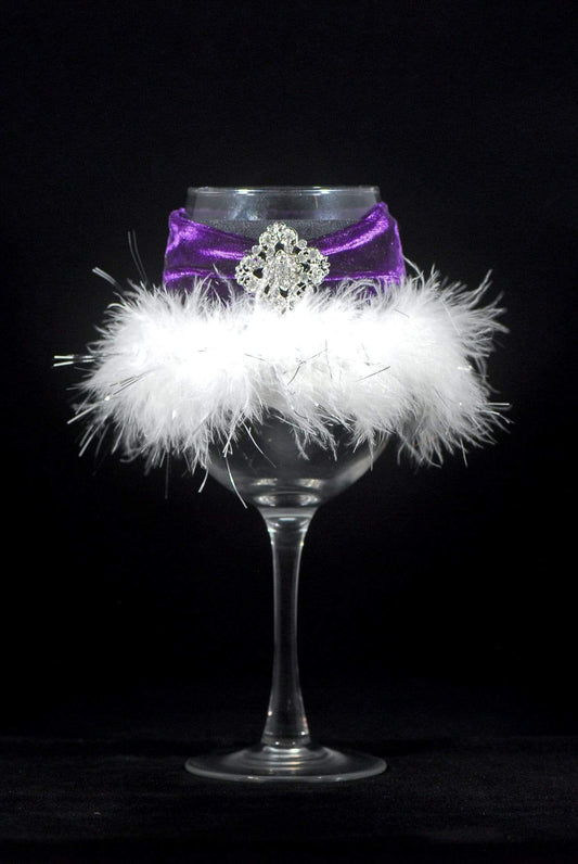 Barware J-Purple with White Feather Trim & Diamond Shape Jewel Winey Bitches Co "Jeweled or Sequined" Floozie Coozies-Choose Your Style... WineyBitchesCo