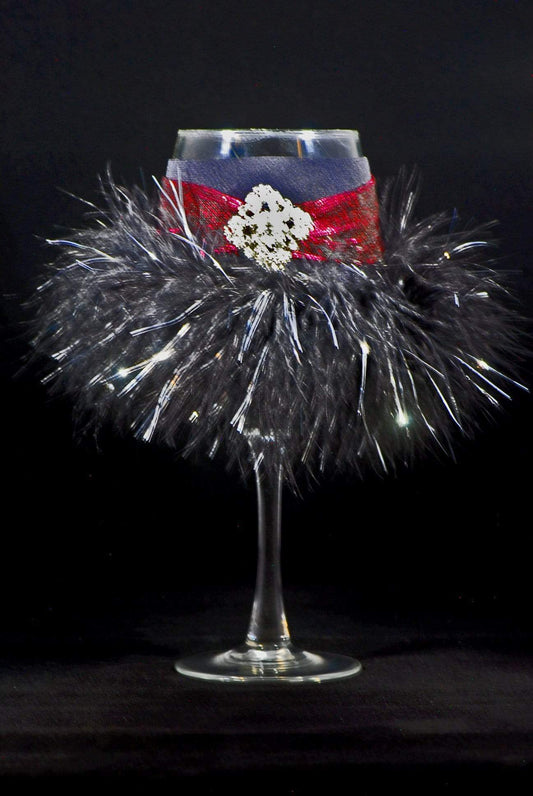 Barware N-Red Band with Black & Silver Feather Trim with Diamond Shape Jewel Winey Bitches Co "Jeweled or Sequined" Floozie Coozies-Choose Your Style... WineyBitchesCo
