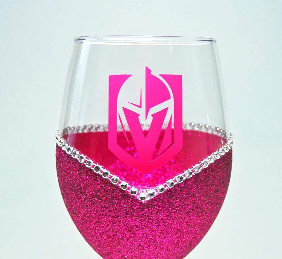 Candles Fushia-Silver Rhinestones-Pink Logo-Stemless Winey Bitches Co LV Golden Knights "Bling" Convertible Candle Glass-Choose your color WineyBitchesCo