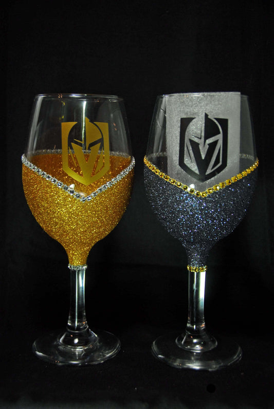 Classy Glassy LV Golden Knights "Bling" V Style Wine Glasses-Choose your color - Winey Bitches - Wine- Women- K9's