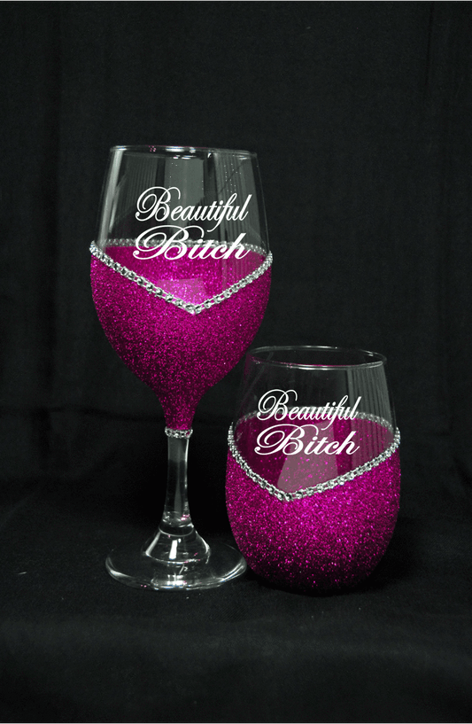 Funny "Beautiful Bitch" Saying- Bling Stem or Stemless Wine Glasses-Choose your color - Winey Bitches - Wine- Women- K9's