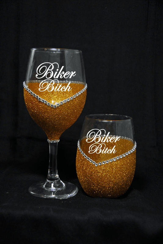 Funny "Biker Bitch" Saying- Bling Stem or Stemless Wine Glasses-Choose your color - Winey Bitches - Wine- Women- K9's