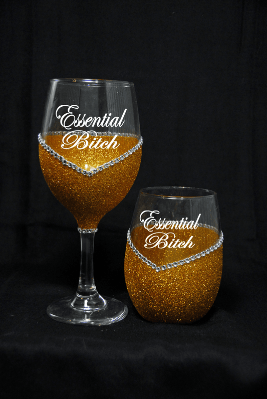 Funny "Essential Bitch" Saying- Bling Stem or Stemless Wine Glasses-Choose your color - Winey Bitches - Wine- Women- K9's