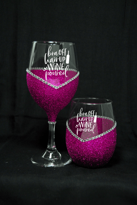 Drinkware Winey Bitches Co Bra Off, Hair Up,Wine Poured Bling Stem or Stemless Wine Glasses-Choose your color WineyBitchesCo