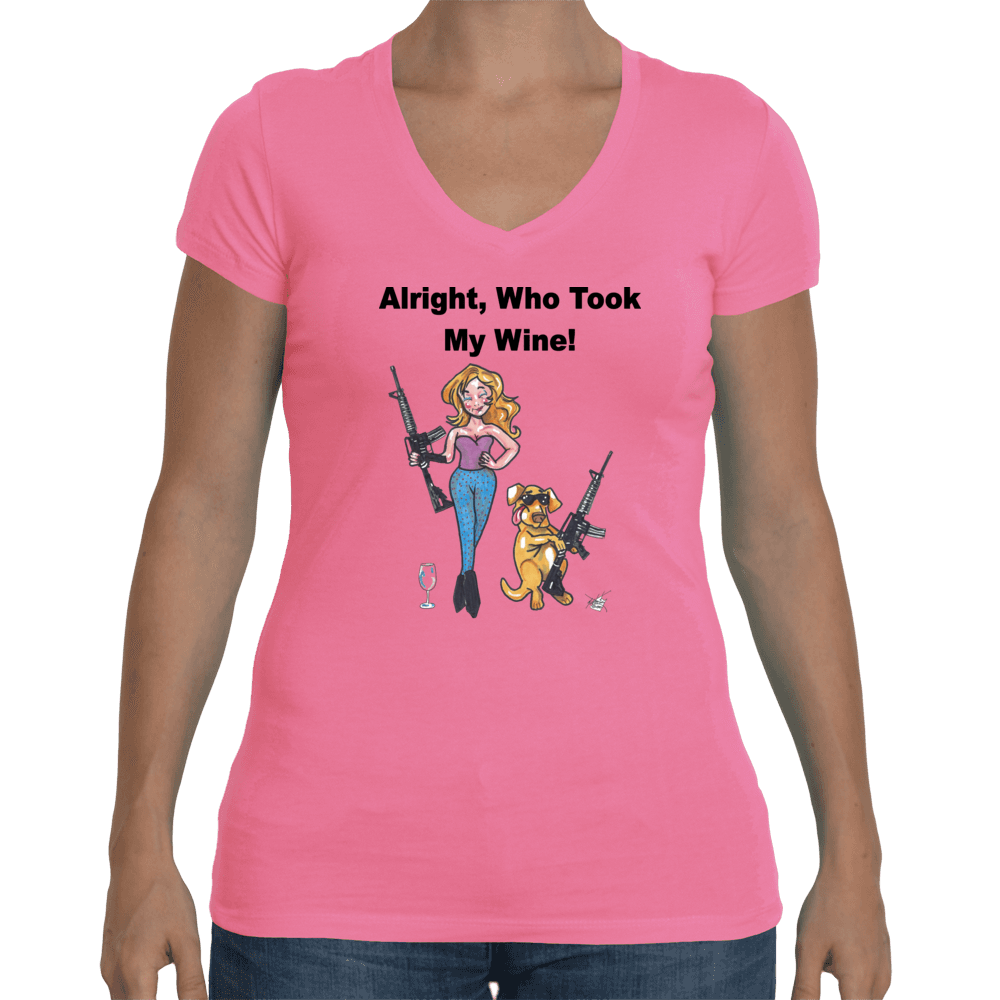 Ladies Soft V-Neck Small / Hot Pink WineyBitches.co Who Took My Wine V Neck Tee WineyBitchesCo