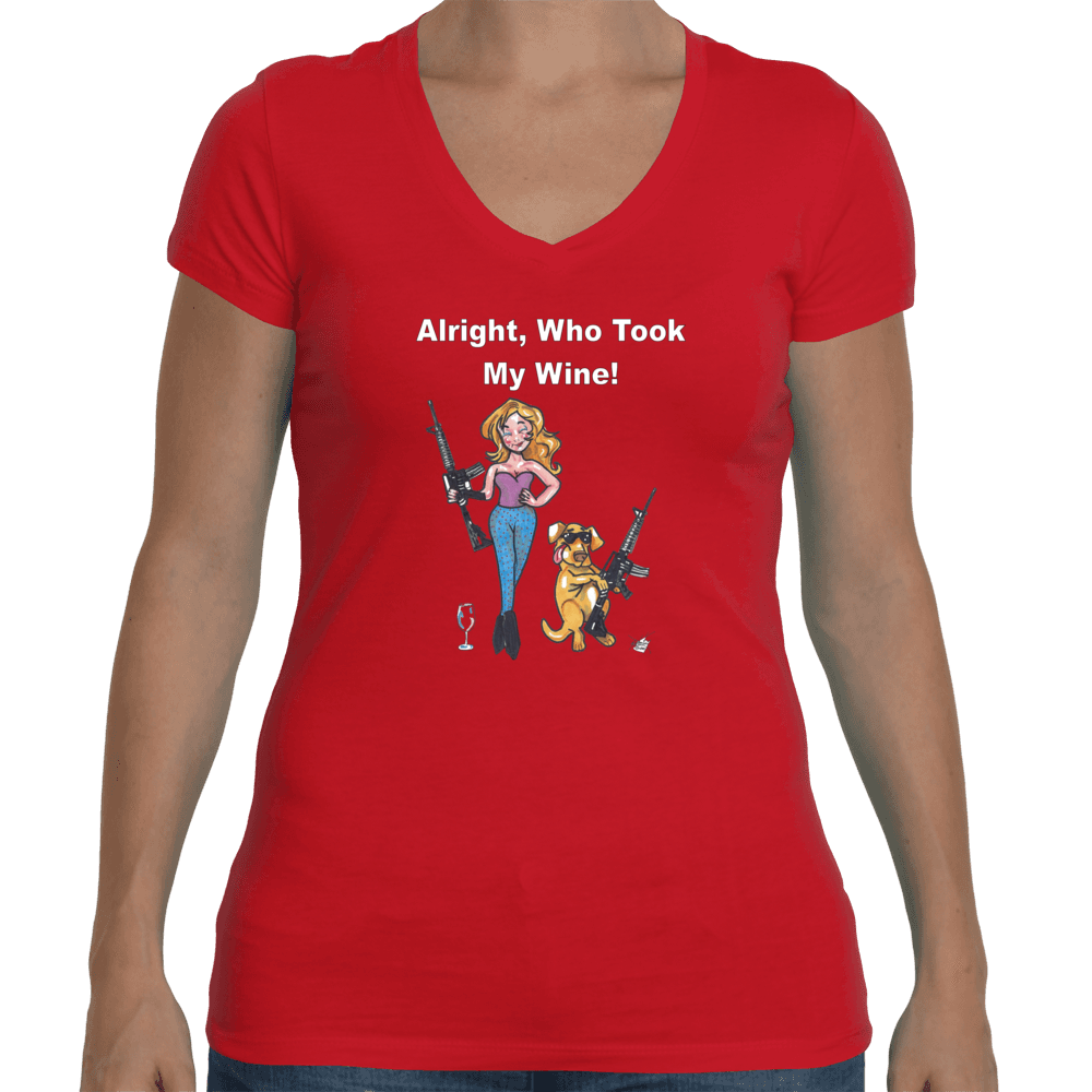 Ladies Soft V-Neck Small / Red WineyBitches.co Who Took My Wine V Neck Tee WineyBitchesCo