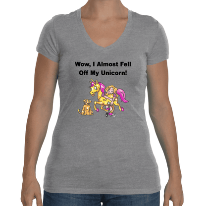 Ladies Soft V Neck T-Shirt Small / Heather Grey WineyBitches,co Wow I Almost Fell Off My Unicorn WineyBitches.co Fell Off My Unicorn WineyBitchesCo