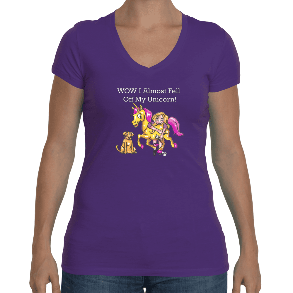 Ladies Soft V Neck T-Shirt Small / Purple Rush WineyBitches,co Wow I Almost Fell Off My Unicorn WineyBitches.co Fell Off My Unicorn WineyBitchesCo