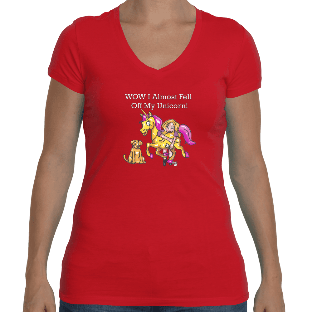 Ladies Soft V Neck T-Shirt Small / Red WineyBitches,co Wow I Almost Fell Off My Unicorn WineyBitches.co Fell Off My Unicorn WineyBitchesCo