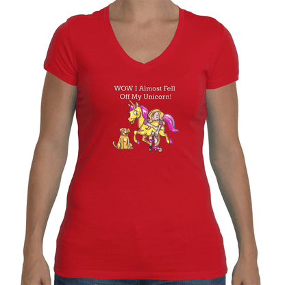 Ladies Soft V Neck T-Shirt Small / Red WineyBitches,co Wow I Almost Fell Off My Unicorn WineyBitches.co Fell Off My Unicorn WineyBitchesCo
