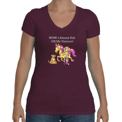 Ladies Soft V Neck T-Shirt WineyBitches,co Wow I Almost Fell Off My Unicorn WineyBitches.co Fell Off My Unicorn WineyBitchesCo