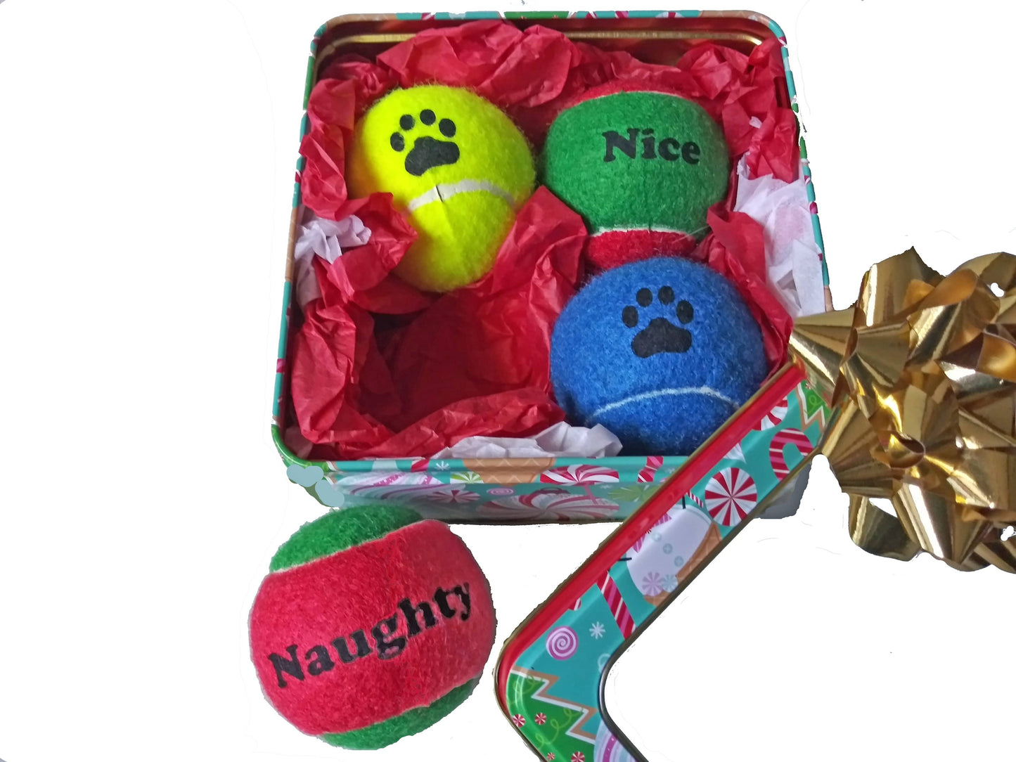 Pet Gifts Winey Bitches Co Naughty, Nice, Paw, Holiday Ball Tin (4pk) WineyBitchesCo