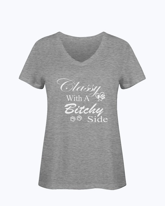 Shirts Athletic Heather / S Winey Bitches Co "Classy with a Bitchy Side" White Letters Ladies HD V Neck T WineyBitchesCo