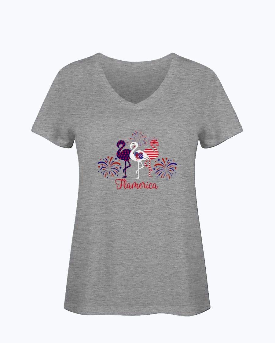 Shirts Athletic Heather / S Winey Bitches Co " Flamerica" Patriotic Flamingo Ladies HD V Neck T WineyBitchesCo