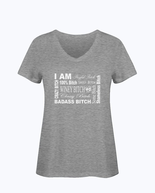 Shirts Athletic Heather / S Winey Bitches Co "I Am Bitch-White Letters" Ladies HD V Neck T WineyBitchesCo