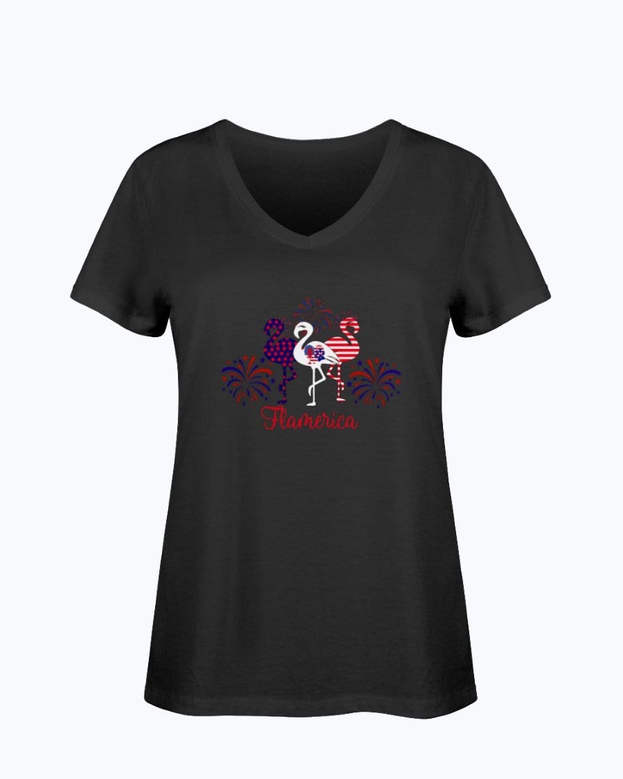 Shirts Black / S Winey Bitches Co " Flamerica" Patriotic Flamingo Ladies HD V Neck T WineyBitchesCo