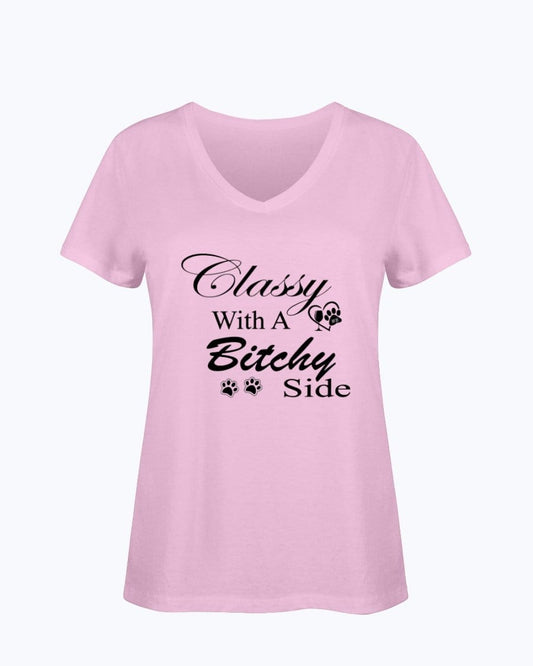 Shirts Classic Pink / S Winey Bitches Co "Classy with a Bitchy Side" White Letters Ladies HD V Neck T WineyBitchesCo