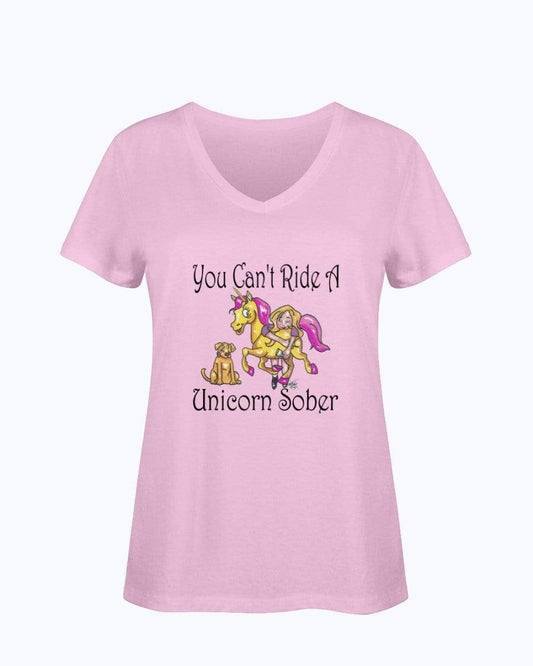 Shirts Classic Pink / S Winey Bitches Co "You Can't Ride A Unicorn Sober" Ladies HD V Neck T WineyBitchesCo