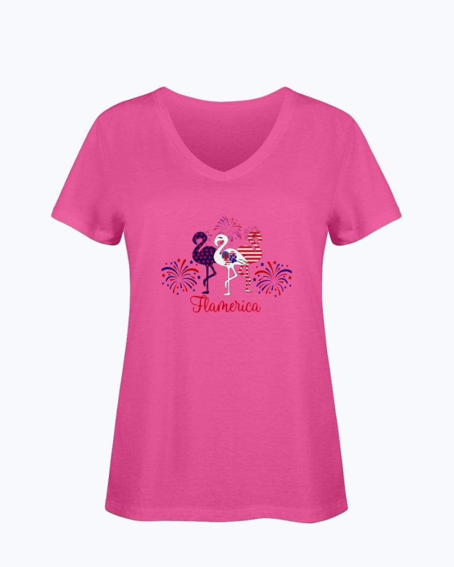 Shirts Cyber Pink / S Winey Bitches Co " Flamerica" Patriotic Flamingo Ladies HD V Neck T WineyBitchesCo