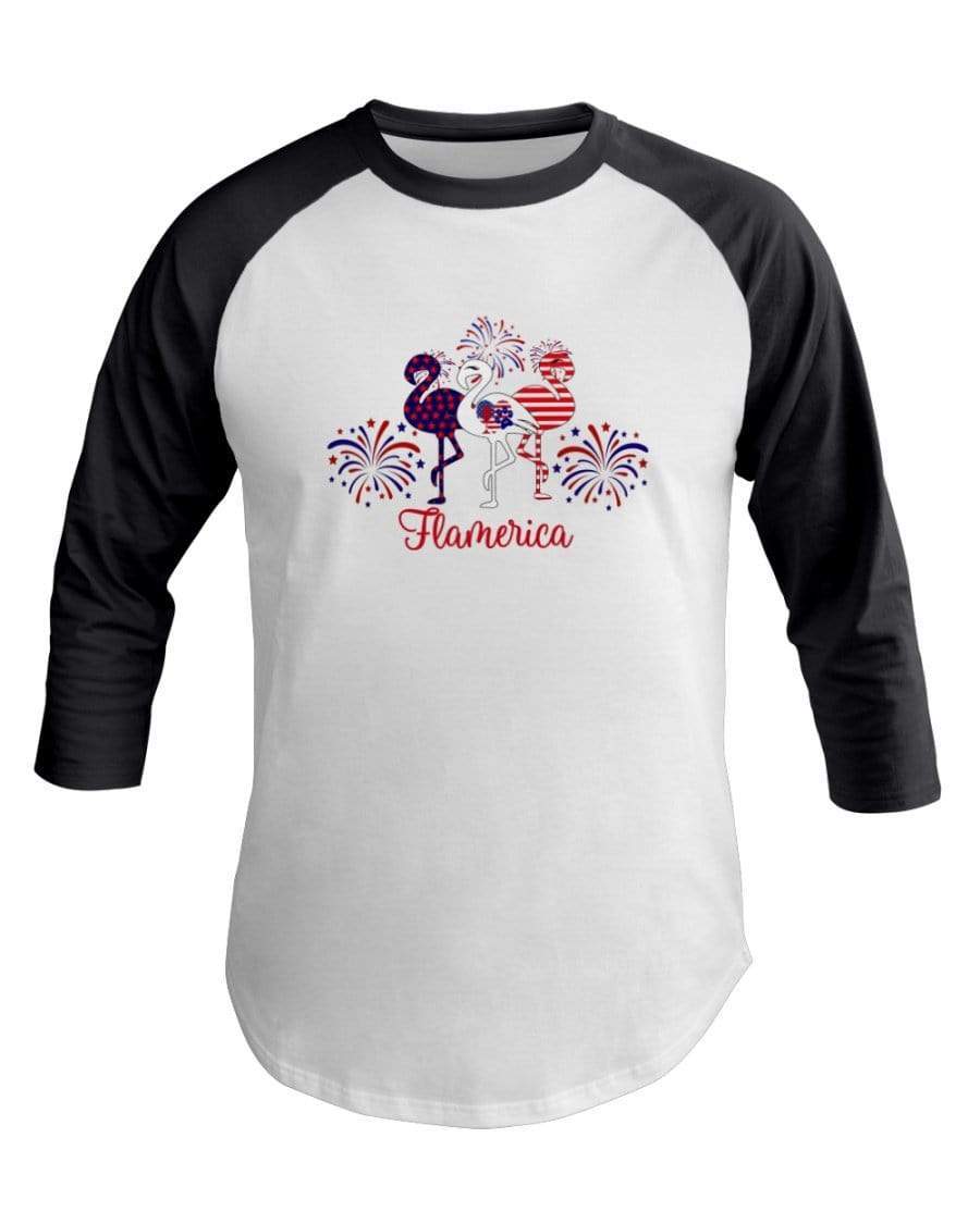 Shirts White/Asphalt / XS Winey Bitches Co " Flamerica" Patriotic Flamingo 3/4 Sleeve Raglan Shirt WineyBitchesCo