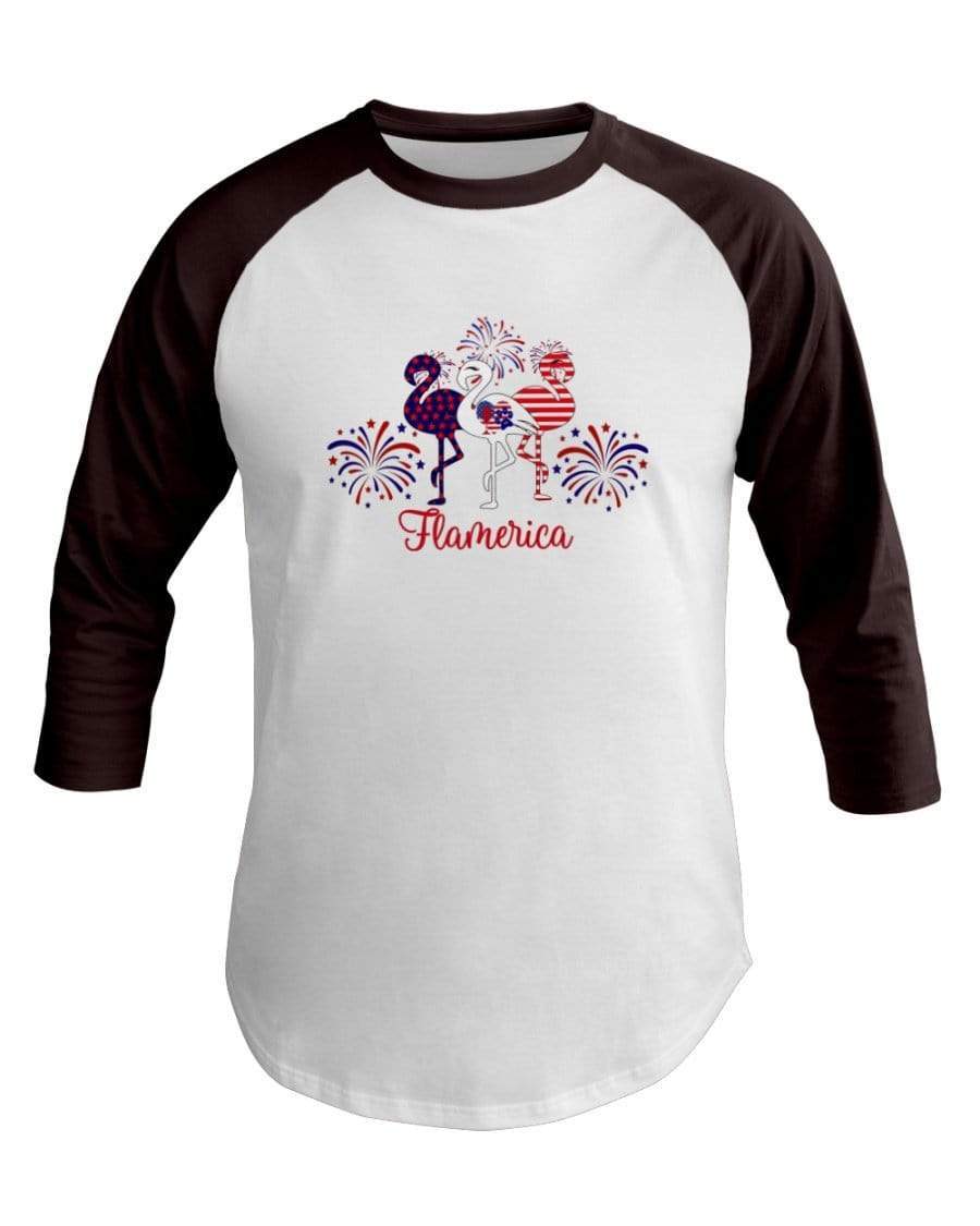 Shirts White/Brown / XS Winey Bitches Co " Flamerica" Patriotic Flamingo 3/4 Sleeve Raglan Shirt WineyBitchesCo