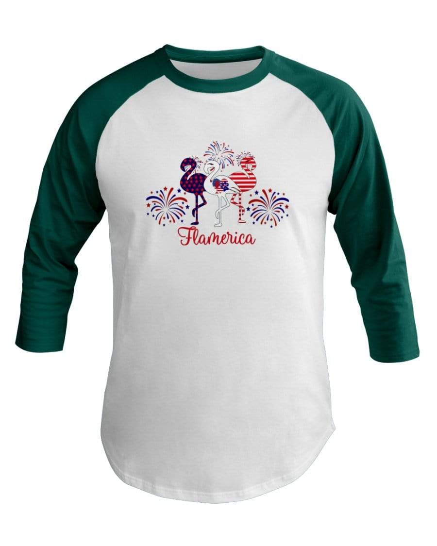 Shirts White/Evergreen / XS Winey Bitches Co " Flamerica" Patriotic Flamingo 3/4 Sleeve Raglan Shirt WineyBitchesCo